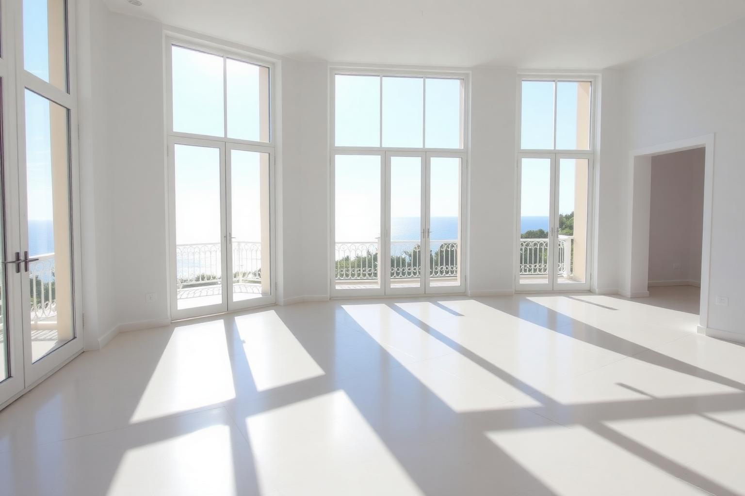Intérieur lumineux et vidé d'un appartement avec vue mer sur la Côte d'Azur